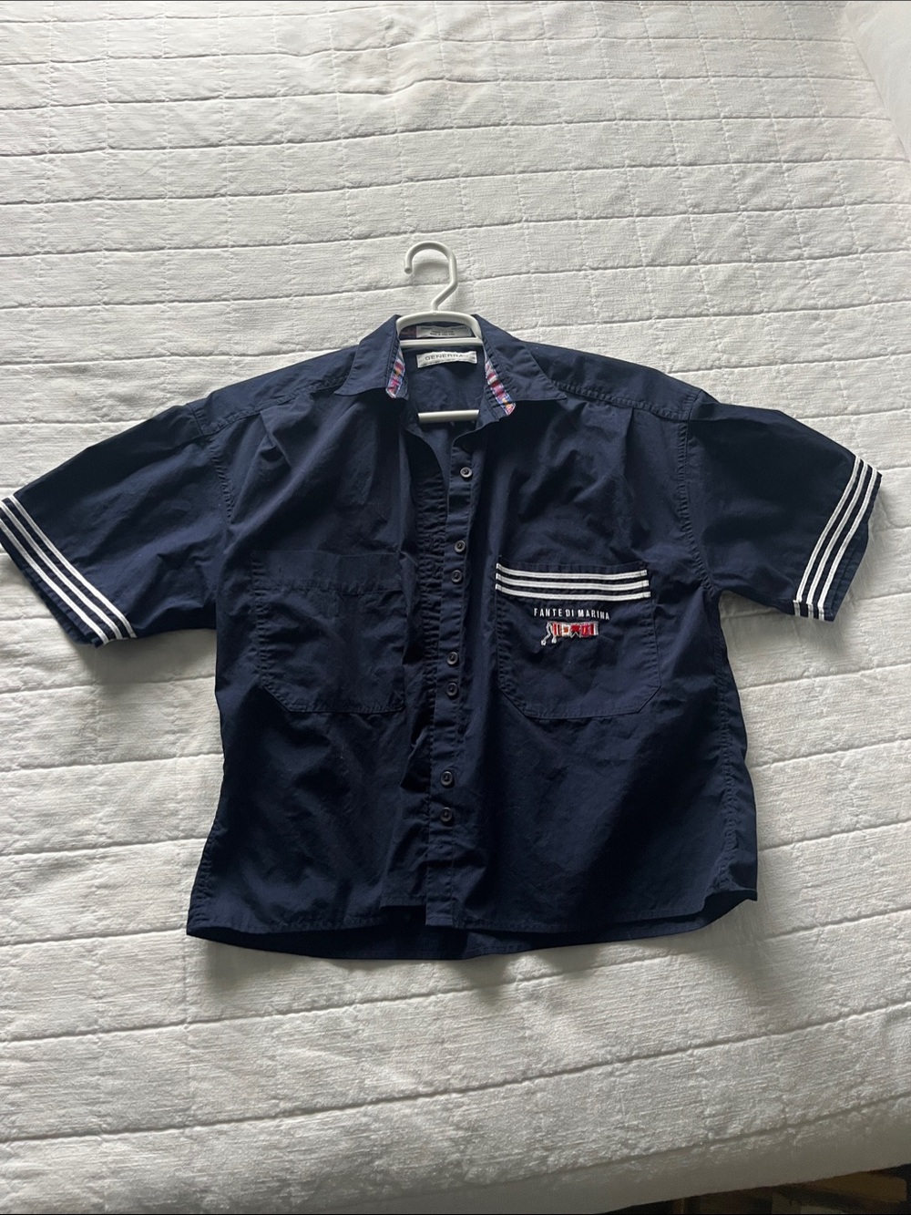 GENERRA Navy Short-Sleeve Button-Down Shirt with White Stripe Trim